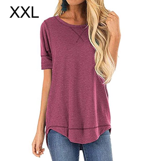 T-shirt pour Femmes, Haut Uni à Coutures, Ourlet Asymétrique, T-shirt pour Femmes, Blouse à Col Rond, Rouge, TTG