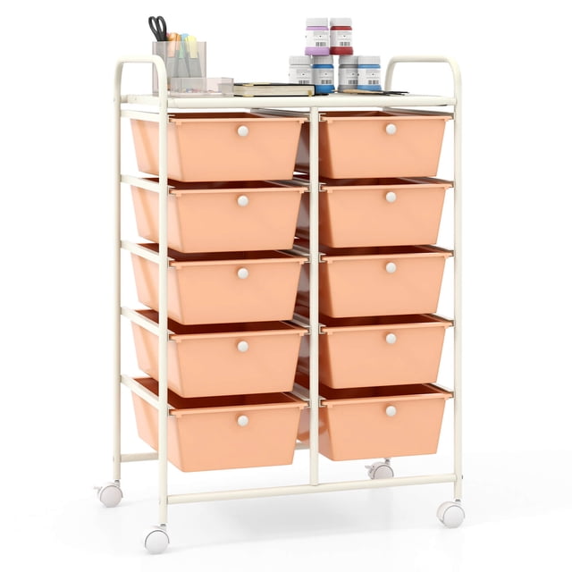 Costway 10-Drawer Storage Cart Utility Rolling Trolley Kitchen Organizer Skin Pink