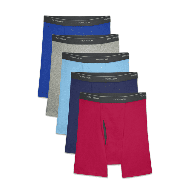 Fruit Of The Loom Mens Coolzone Boxer Brief 5 Pack in assorted colors, size L. Designed for comfort with a support-shaped fly, plush-backed waistband, and tag-free design. Made of cotton and polyester blends with legs that don't ride up. Ideal for men's underwear needs. Actual colors may vary.
