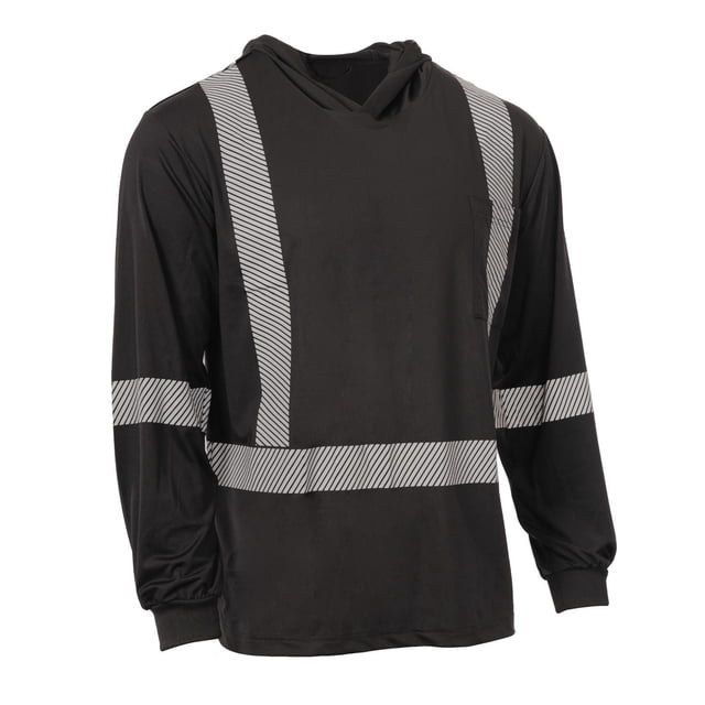 Forcefield Hooded Long Sleeve Ultrasoft Technical Tee in black featuring segmented reflective heat transfer safety tape on front, sleeves, and waist, made from lightweight 100% polyester with a stretchy athletic fit and sun-protective hood, ideal for workwear tops.