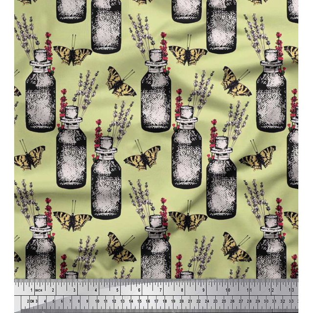 Soimoi Beige Georgette Viscose Fabric Insect,Lavender & Vintage Bottle Print Sewing Fabric BTY 42 Inch Wide