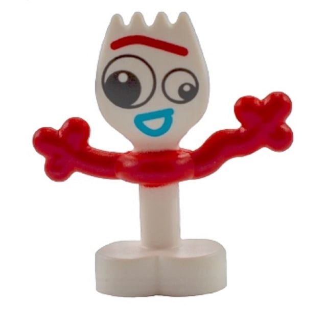 LEGO Accessories Toy Story 4 Forky Minifig, a very small collectible figure approximately 1 inch tall, featuring a white spork-shaped head with expressive eyes, a red eyebrow, and a blue smile. The arms are red and flexible, attached to a white base resembling feet.