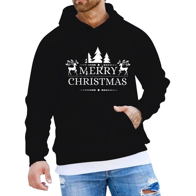 Chandail à Capuchon Décontracté de Noël pour Hommes à Lettres Imprimées Partiellement, Manches Longues, Chandail à Capuchon, Hauts