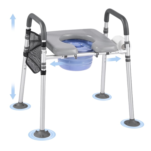 VEVOR Bedside Commode Chair 4-in-1 Raised Toilet Seat with adjustable height and a 500 lbs weight capacity. The chair features a reinforced aluminum alloy frame, a detachable 5L leak-proof bucket with a lid, and a cushioned seat covered in waterproof leather. It includes non-slip suction feet, armrests, a tissue holder, and a storage pouch. Suitable for use as a bedside commode, raised toilet seat, toilet security frame, or shower chair. Designed for seniors, pregnant individuals, and post-surgery users.