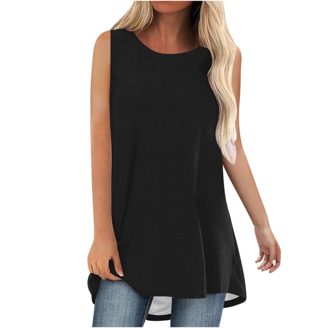 Timegard Womens Long Tank Tops Round Neck Sleeveless Solid Color Casual Loose Top Basic Tshirts Blouse