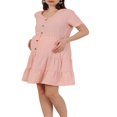 thumbnail image 3 of Womens Short Sleeve Maternity Dress V Neck Button Closure Pleated Midi Dress, 3 of 7
