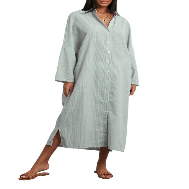 Robe Chemise pour Femmes à Manches Longues et Col Rabattu à Rayures