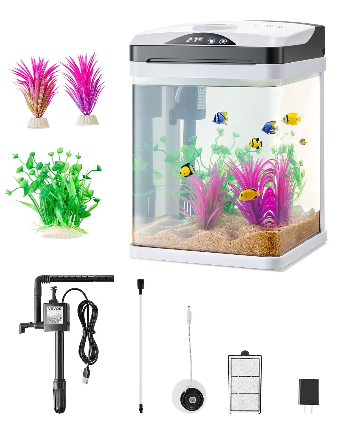 VEVOR 2 Gallon Fish Tank Aquarium LED Smart Square Clear Glass 7 Color Self Cleaning