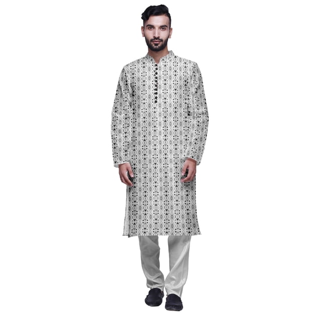 Atasi Printed Mens Kurta & White Churidar Pyjama Set Mandarin Neck Ethnic Wear