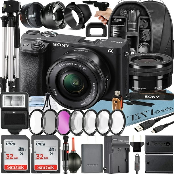 Sony Alpha a6400 Mirrorless Digital Camera with 16-50mm lens, featuring a 24.2MP APS-C Exmor CMOS sensor, BIONZ X processor, and UHD 4K video recording capabilities. Displayed with ZeeTech accessory bundle including two SanDisk 32GB memory cards, backpack, tripod, cleaning tools, and additional lenses and filters, ideal for photography and videography enthusiasts.