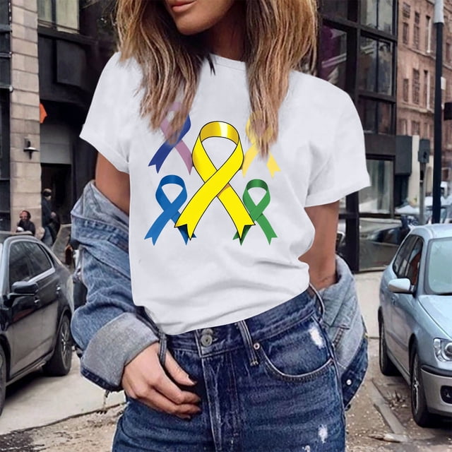 UANWENN T-Shirts Décontractés pour Femmes avec Imprimé Ruban de Sensibilisation au Cancer, Manches Courtes, Col Rond, Style de Base pour le Quotidien, T-Shirts Surdimensionnés pour Femmes, Haut Athlétique à Manches Courtes, Haut Femme Ample Femmes