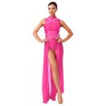 thumbnail image 1 of renvena Costumes de Danse Lyrique pour Femmes Sans Manches à Col Roulé Dos Nu Robe Maxi en Maille Tulle Rose Vif TTG, 1 of 5