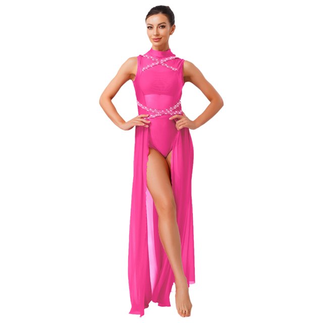 renvena Costumes de Danse Lyrique pour Femmes Sans Manches à Col Roulé Dos Nu Robe Maxi en Maille Tulle Rose Vif m