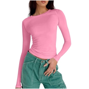 Amzcrzy Women's Long Sleeve Round Neck Crop Top Tee Shirt Basic Solid Y2K Tight Slim Fit Cropped Shirt Workout Yoga