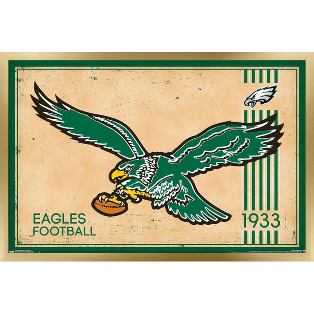 NFL Philadelphia Eagles - Affiche Murale Rétro Logo 14, 22,375 Pouces x 34 Pouces Encadrée Mettant en Vedette un Aigle Vert et Blanc vintage Tenant un Ballon de football Brun sur un Fond Texturé beige avec une Bordure Verte, Petit Logo Eagles et 1933 à Rayures Vertes, art Mural Idéal pour la Déco de la Maison et les Amateurs de Sport, Convient Aussi aux Dortoirs Ou aux Bureaux.