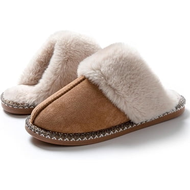 Slippers for Classic Scuff Women with Ultra-long Faux Rabbit Fur Fleece Lining Slip-on Style Indoor Shoes with Anti Slip Sole, cognac, 78