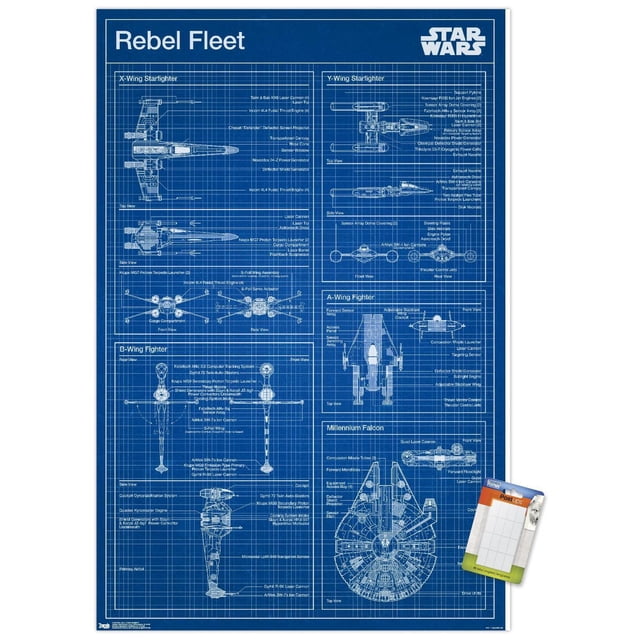 Star Wars : Saga - Affiche Murale de Plan Rebelle, 22,375 Pouces x 34 Pouces Affichant des Plans Techniques Détaillés de Vaisseaux de la Flotte Rebelle Incluant des Chasseur X-Wing, Y-Wing, B-Wing, A-Wing et Millennium Falcon avec des Pièces Étiquetées et des Vues Multiples sur un Fond à Grille Bleue, Convient pour l'Art Mural dans les Chambres, les Bureaux Ou les Espaces à Thème.