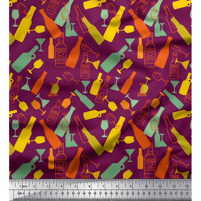 Soimoi Poly Georgette Fabric Bottle & Wine Glass Bar Printed Fabric 1 Yard 52 Inch Wide