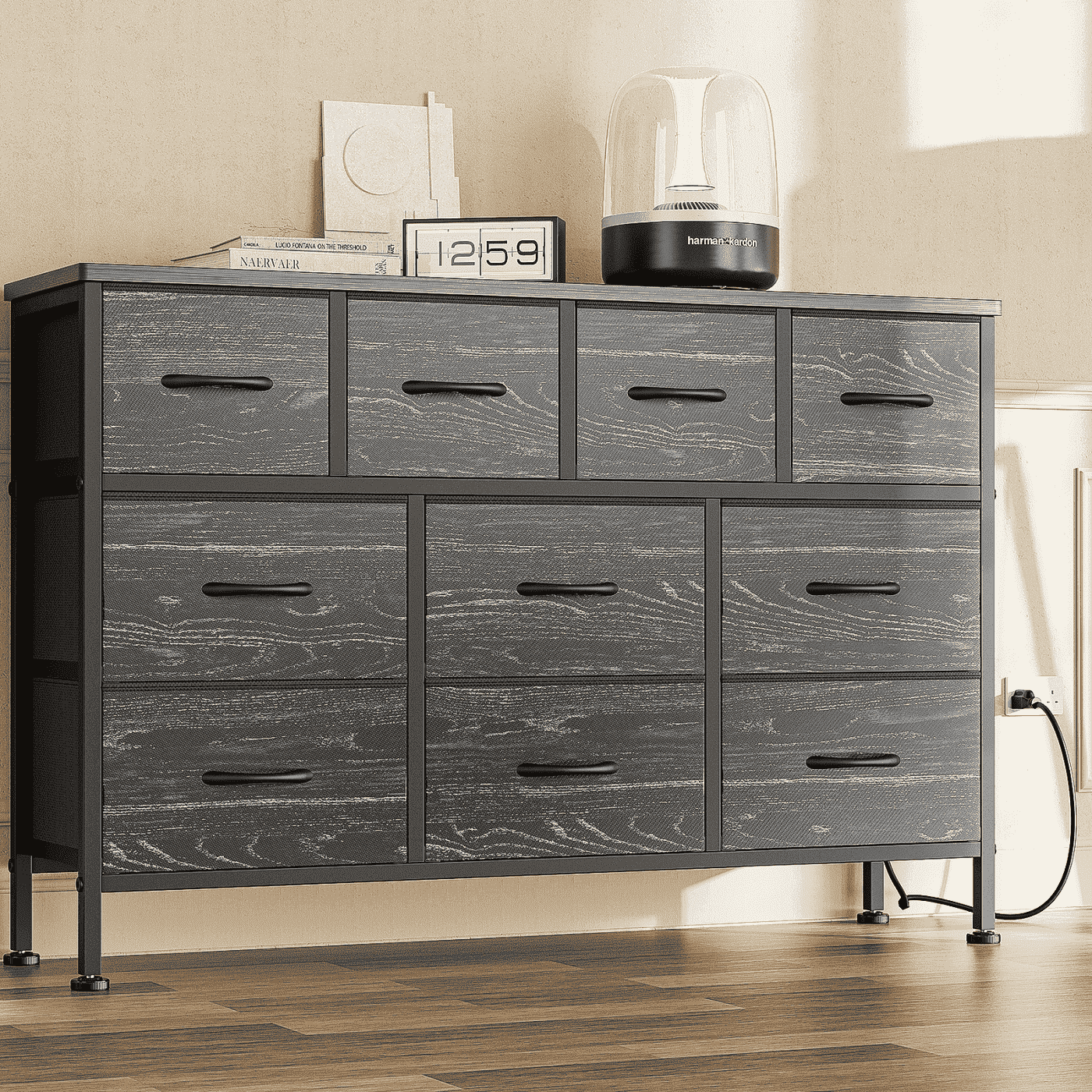 GIKPAL Dressers TV Stand Dresser, 10 Drawer for Bedroom with Power Outlet, Chest of Drawers for 55" Long TV, Fabric Dresser for Storage and Organization, Black