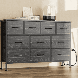 GIKPAL Dressers TV Dresseur de position, 10 Tiroir pour chambre avec sortie de puissance, coffre de tiroirs pour 55" Longue TV, Dressing en tissu pour stockage et organisation, Noir