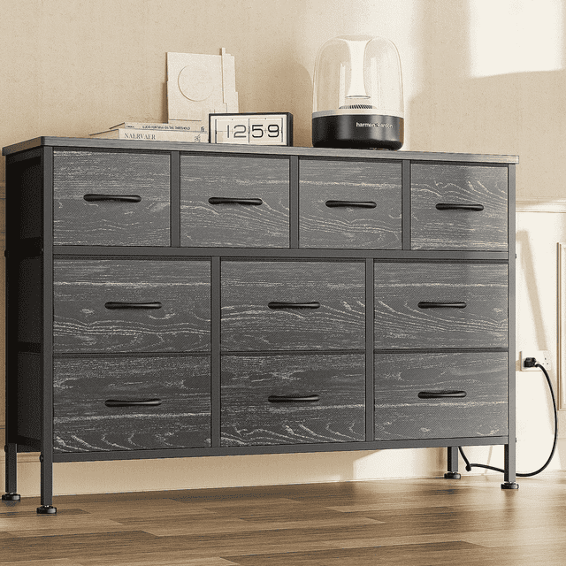 GIKPAL Dressers TV Dresseur de position, 10 Tiroir pour chambre avec sortie de puissance, coffre de tiroirs pour 55" Longue TV, Dressing en tissu pour stockage et organisation, Noir