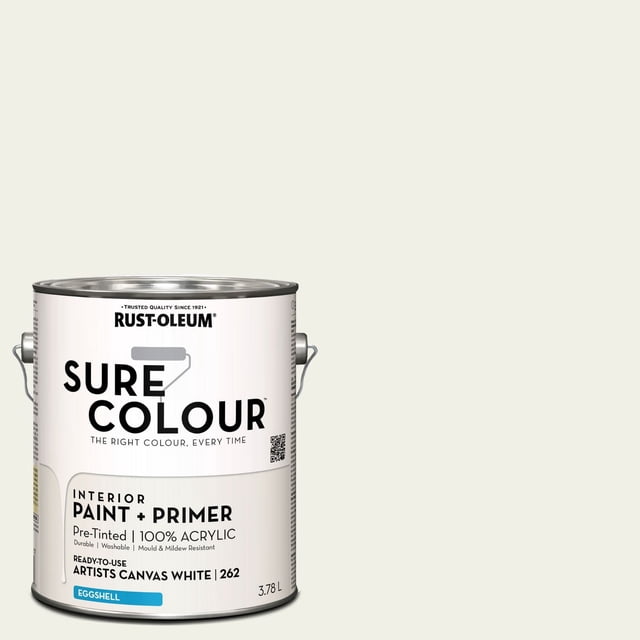 Rust-Oleum Sure Colour™ Paint + Primer, Interior Eggshell, Artists Canvas White 3.78 L metal can with handle, white label with black text and blue eggshell color bar, pre-tinted acrylic paint and primer offering durable, washable, mould and mildew resistant finish ideal for interior walls and trim.