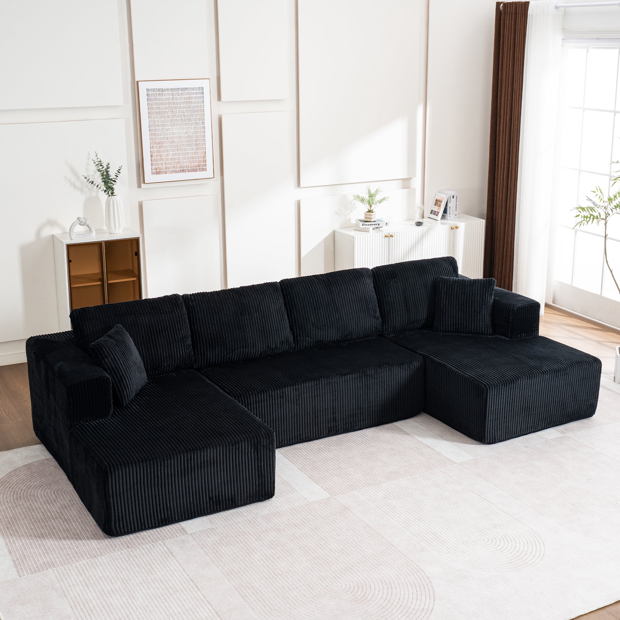 Canapé-lit Noble House moderne et décontracté en forme de U, sans cadre, modulable avec fauteuil inclinable, Noir