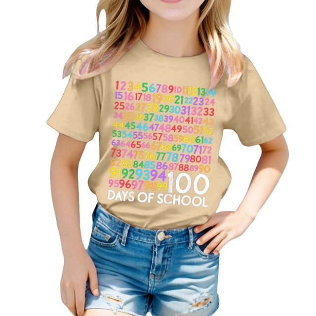 PMVFHDE T-Shirts Fille T-Shirt Décontracté Imprimé à Col Rond à Manches Courtes T-Shirt Chemise Décontractée Kaki, 8-9 Ans