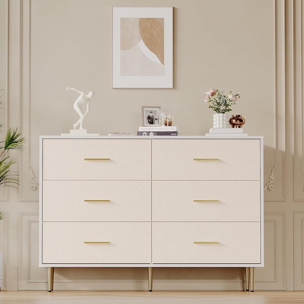6 Drawer Dresser Modern White Chest of Drawers with Gold Legs and Handles Fabric Front Large Storage for Bedroom Entryway
