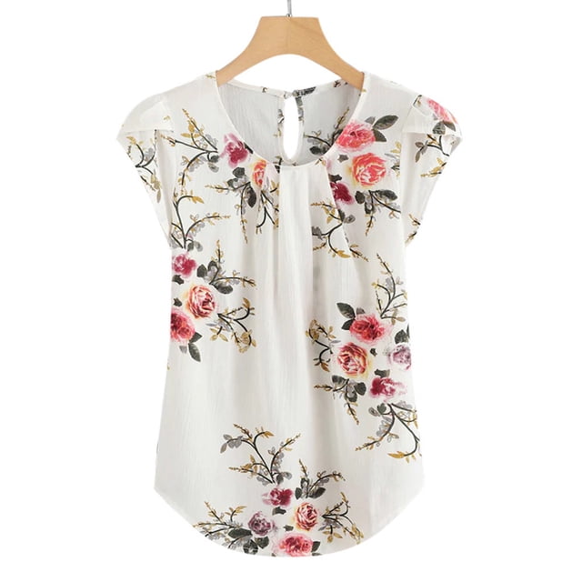 SMihono Hauts pour Femmes Été Chic Décontracté T-Shirt Décontracté pour Femme à Col Rond Fleur Plissé Ajusté Imprimé Manches Courtes Haut T-Shirt Oversize pour Femmes