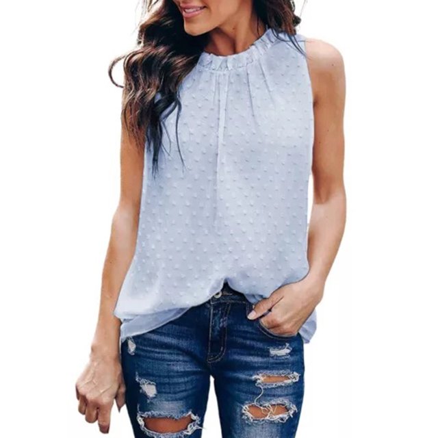 EGNMCR Camisoles pour Femmes Été Femmes Couleur Unie Pois Col Rond Sans Manches T-Shirts