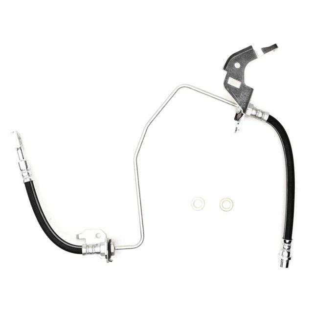 Dynamic Friction Company Rear Right Brake Line Hose 350-53018 for the 2008 Saturn Astra. This automotive replacement part features a black rubber hose connected to a metal line with precision fittings and mounting brackets. Includes two washers for secure installation.