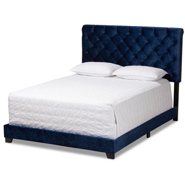 Baxton Studio Lit Grand Capitonné en Velours Candace, Bleu Marine