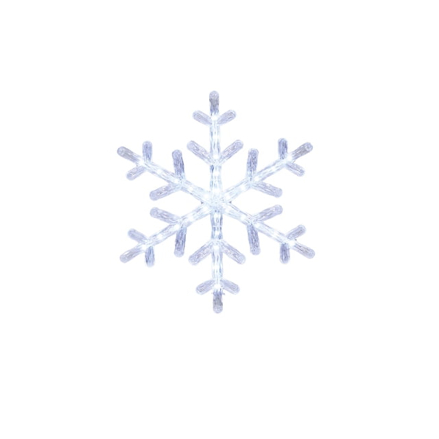 Clear plastic snowflake motion light glowing white, part of a holiday set.