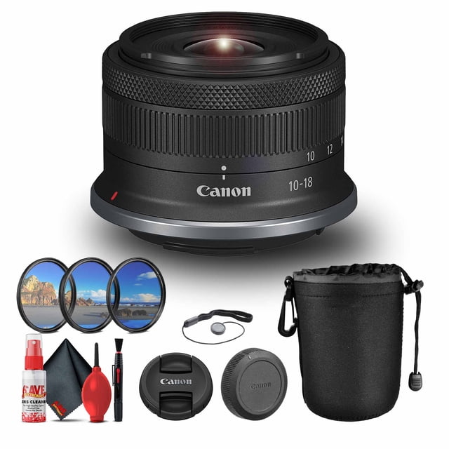 Canon RF-S 10-18mm F/4.5-6.3 IS STM Lens displayed with bundled accessories : Lens Pochette, 49mm 3-piece filter kit, Lens cap keeper, and cleaning kit. This Ultra-Grand-angle Lens for APS-C Caméras Offre une Plage Focale Équivalente Plein Cadre 16-29mm, Stabilisateur d'Image Optique pour jusqu'à 4 stops de correction des Secousses, et Moteur STM pour une Mise au Point Automatique Fluide et Silencieuse. Parfait pour