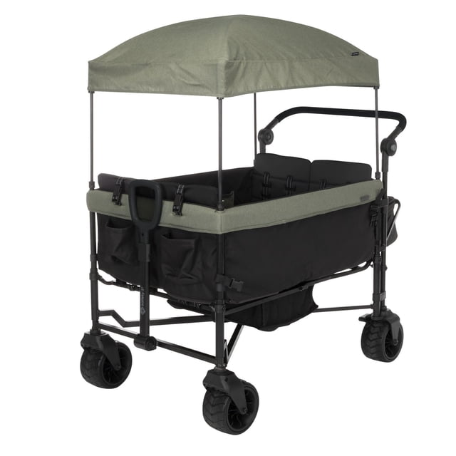 Safety 1st Summit Quad Wagon Stroller with black and olive green fabric, four padded seats with 5-point harnesses, adjustable olive green canopy, all-terrain wheels, front pull handle, fold-away rear push handle, and multiple storage pockets, seating up to four children.
