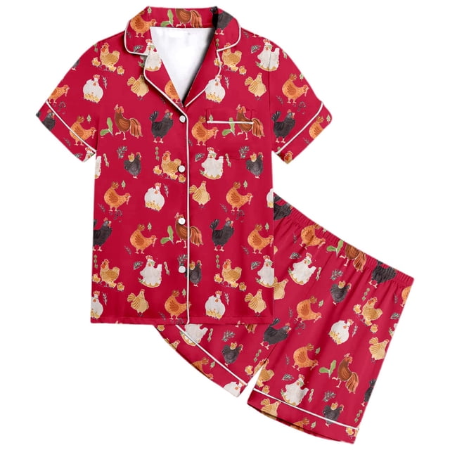 MIASHUI Girls 2-Piece Pajamas Set Animal Chicken Pattern Button-Down Boys Sleepwear,Red,10-11 Years
