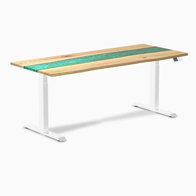 Desky Bureau Assis-Debout en Bois Dur à Résine Double - Frêne Blanc Rivière Émeraude / 72 x 30 Pouces / Blanc
