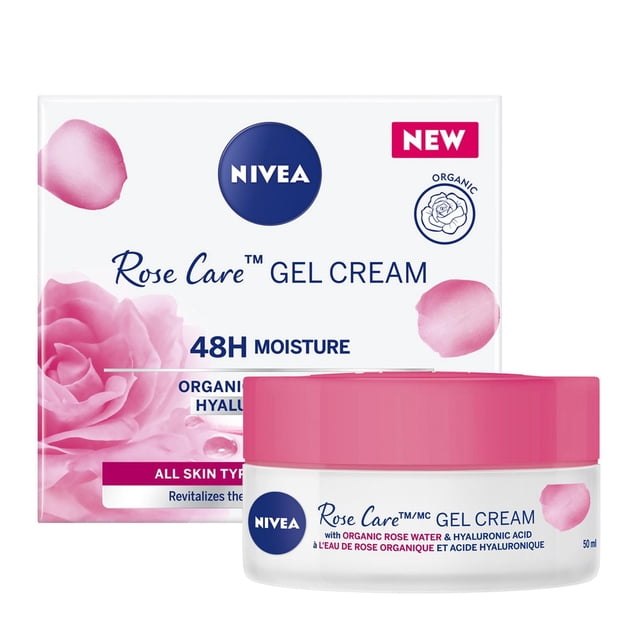 NIVEA Rose Care Gel Cream 50 ml in a white jar with a pink lid, displayed with its box featuring pink rose petals and the NIVEA logo, enriched with organic rose water and hyaluronic acid for 48-hour hydration, suitable for all skin types and daily skincare routines.