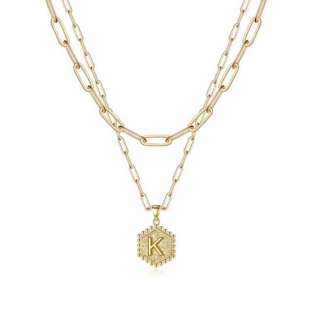 Colliers à Initiale Superposés pour Femmes, Collier Chaîne Trombone Simple Mignon Pendentif Lettre Hexagone Collier Ras-du-Cou à Initiale Colliers Superposés Dorés pour Femmes, KGold
