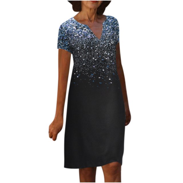 Robes à Manches Courtes pour Femmes, Teinture sur Nœuds Floral, Col en V, Robe Midi Évasée, Été, Décontractée, Coupe Ample, Robe à Enfiler Longueur Genou