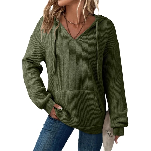 Xdegoge Womens Hoodies Sweatshirts Oversized Sweatshirts Ribbed Knit Long Sleeve Drawstring V Neck Casual Pullover Sweatshirt Hooded Tops Plus Size Fall Winter Clothes with Pockets Army Green M