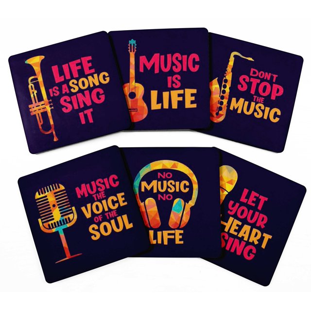 Inkdotpot Set of 6 Drink Coasters DecorativeNon,SlipCork Base4-inch Square PrintedCoastersEasy Clean- Music Quote
