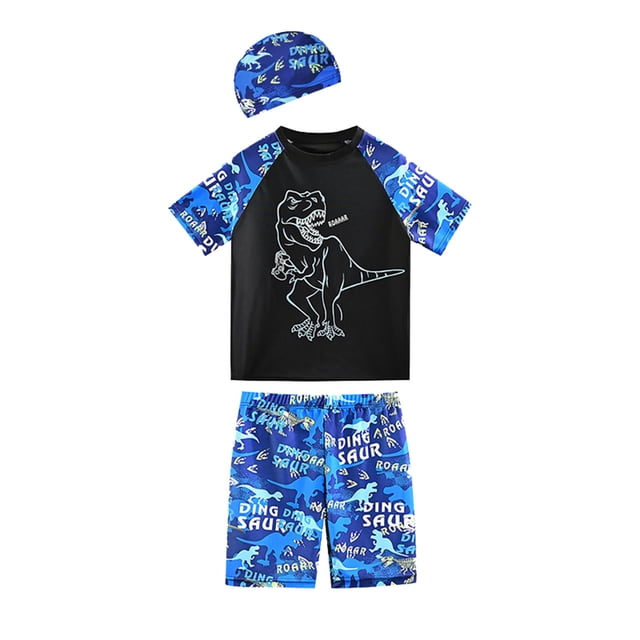 GDREDA 3 Piece Boys Swim Set Short Sleeve Swim Shirt and Trunks with UPF Rash Guard Toddler Bathing Suit Blue,5-6 Years