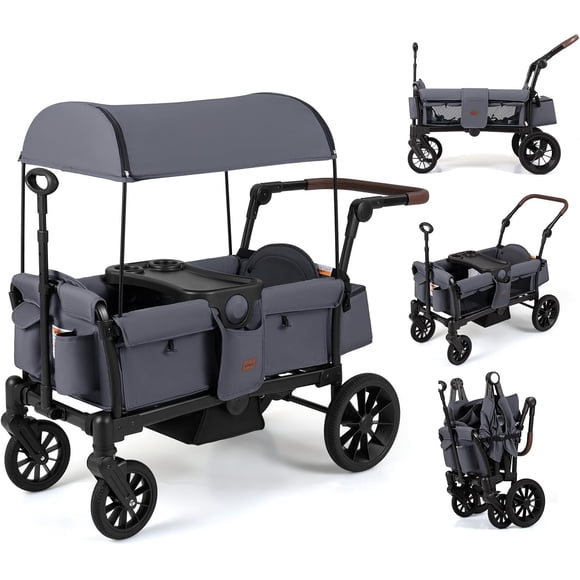 Poussette-chariot INFANS pour 2 Enfants, Chariot Pliable avec Poignée et Barre de Traction Ajustables, Auvent Amovible, Puits pour les Pieds, Plateau à Collations, Harnais pour Nourrissons et Tout-Petits 6-36 Mois