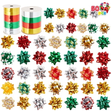 Joyfy 50 Pcs Nœuds Cadeaux de Noël et Rubans Cadeaux, 48 Nœuds Autocollants Multicolores de Tailles Assorties et 2 Rouleaux de Rubans à Boucler pour Cadeaux, Décoration d'Emballage de Cadeaux