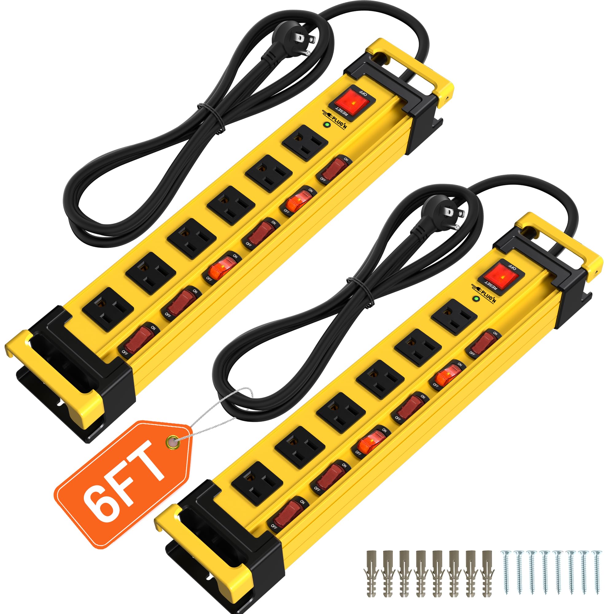 2 Pack Power Strip Surge Protector 2700J with Individual Switches and Flat Plug, 6 Outlet Heavy Duty Metal Power Strips with Cord Manager and Hook, M