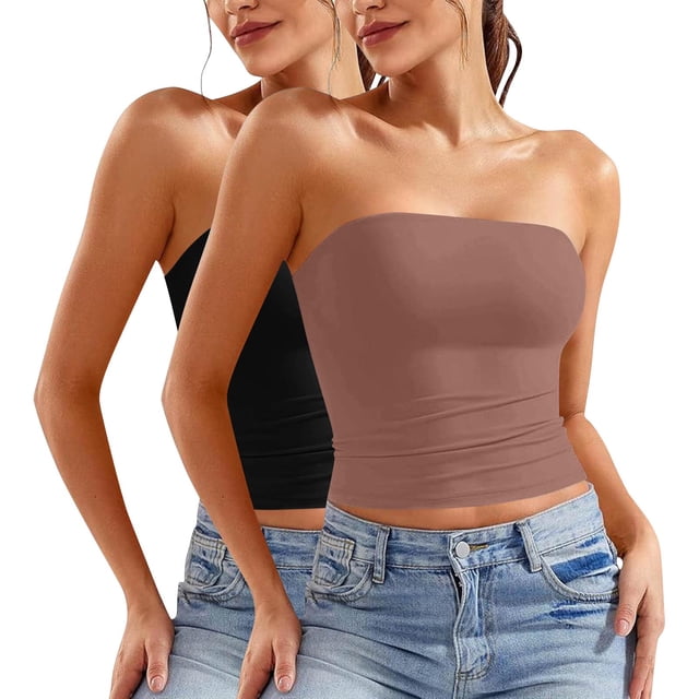 ZACPNCV 2PC Women's Shapewear Tube Tops Strapless Ruched Built-in Shelf Bra Casual Brown L