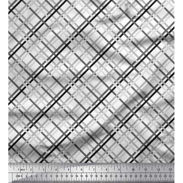 Soimoi Black polyester Crepe Fabric Diagonal Check Print Sewing Fabric Yard 52 Inch Wide
