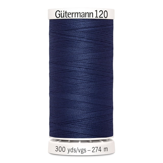 Gutermann 120 Bobine de Fil Tout Usage 100 % polyester Bleu Marine, Enroulée Serrée sur une Bobine en Plastique Blanche Étiquetée avec 300 yards (274 Mètres), Convient à la Couture à la machine et à la Main de Tissus Tissés, Tricotés et Synthétiques, Également Idéale pour les Projets d'Artisanat et de Raccommodage.